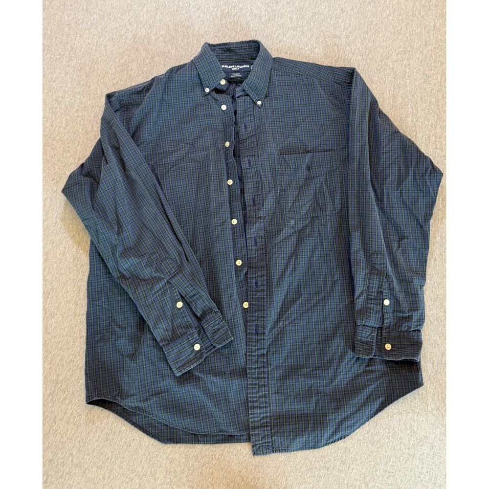 Ralph Lauren Golf Tilden Shirt Mens Large Navy Green Plaid Cotton Button Down